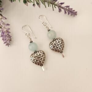Amazonite Stone Silver Heart Dangle Earrings